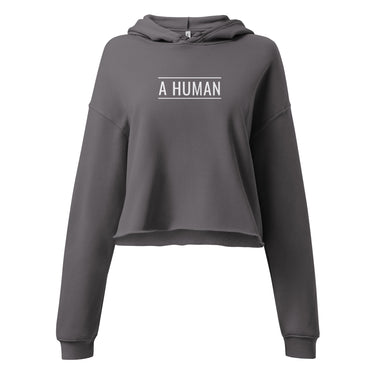 A HUMAN™ gray cropped signature hoodie with white front logo.