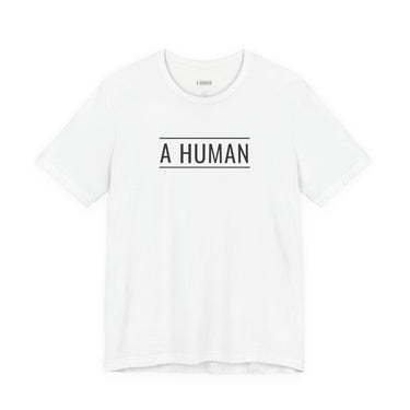 A HUMAN™ white unisex signature T-shirt with black front logo.